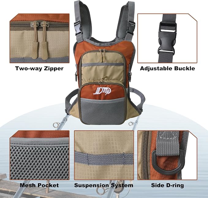 Fly Fishing Chest Pack, Lightweight Fishing Backpack, Fishing Tackle Storage Fits Up to Hold Fly Boxes, Fishing Accessories for Men(Orange + Gray)