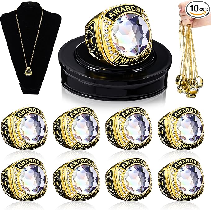 Landical 10 Pcs Championship Trophy Rings Bulk MVP Winner Youth Award Gift with Neck Chains and Display Stand for Basketball Baseball Football Volleyball Softball