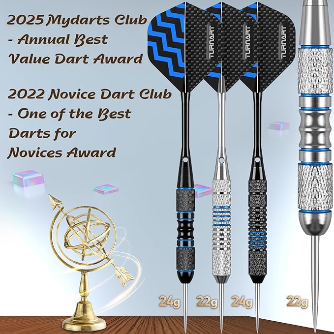 Turnart Darts Metal Tip Set - Steel Tip Darts Darts Set Professional Metal Darts 12 pcs 22/24 Grams Pro Dart Set with Stylish Case Aluminum Shafts Extra 9 Flights