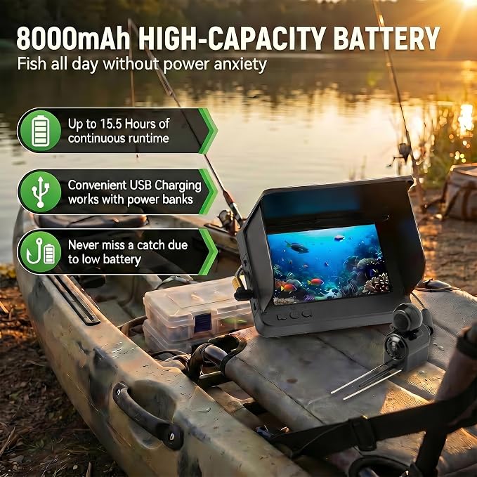 Portable Underwater Camera Fish Finder: 5 Inch IPS with 8000mAh Battery IP68 Waterproof Camera 220°Wide Angle for Lake & Murky Water | Depth Finder for Ice Fishing/Boats/Kayaks
