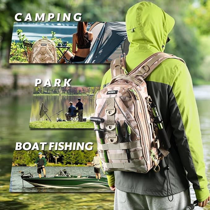 Fishing Backpack with Tackle Boxes,Fishing Lure Kit and Tool | Waterproof Fishing Tackle Bag With Rod Holder, Sling Backpack wtih Fishing Gear, Fishing Gifts for Men Woman Anglers
