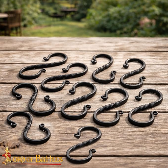 Lord of Battles Twisted Hand Forged Iron S-Hooks Set of 20- Medieval Rustic Twisted Black S-Shaped Heavy Duty Hanging Hooks for Kitchen, Camping, Garden & Home