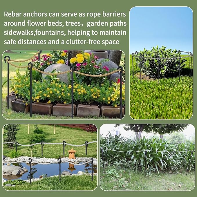 48 Inch Rebar Stakes 1/2" Diameter 6 Pack Steel Ground Anchors with Loop | Extra Long Heavy Duty Garden Rope Stakes for Temporary Fencing, Tree Support, High Wind Areas, Industrial Use, Black