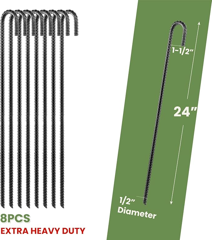 24” Set of 8 Ground Rebar Stakes Heavy Duty J Hook Ground Anchors, Curved Steel Plant Support Garden Stake with Chisel Point end, Hammer Through Hard Soil for Camping Tent - Black Powder Coated