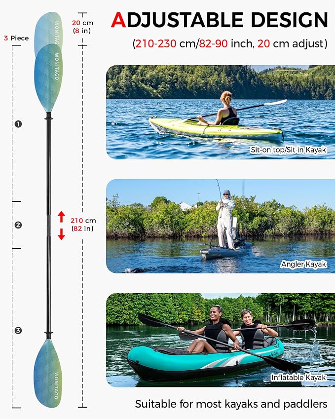 Kayak Paddle Carbon Fiber Shaft and Reinforced Nylon Blade, Adjustable Kayaking Oars, 3 Piece, 230-250 cm/90-98 Inches,210-230 cm/82-90 inches