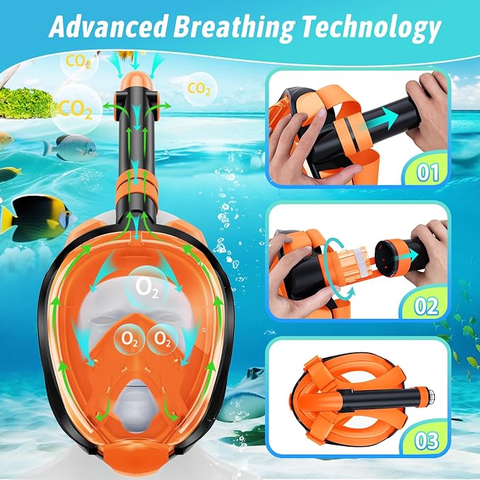 Greatever G2 Adults Kids Full Face Snorkel Mask 2 Pcs,Snorkeling Gear with Latest Dry Top System,Foldable 180 Degree Panoramic View,Safe Breathing,Anti-Leak&Anti-Fog Snorkeling Mask with Camera Mount