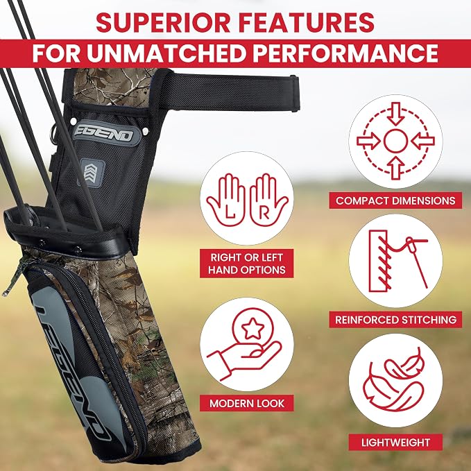 Legend XT420 Field Quiver - Left or Right-Handed Quiver Arrow Holder, Archery Quiver with 3 Arrow Tube, Durable Nylon Hip Quivers with Multiple Pockets for Archery Accessories, Score Card & Tools