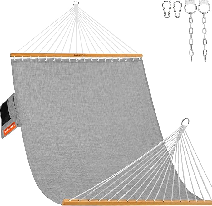 Lazy Daze Hammocks 11 FT Double Outside Hammock Quick Dry Olefin Fabric Hammock with Spreader Bar & Side Pocket for Outdoor Poolside Backyard 450 lbs Capacity, Grey