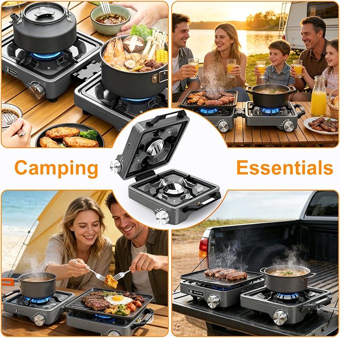 2-Burner Pro Camping Stove,24000 BTU Camp Stove,Foldable Propane Stove Includes Carry Bag,Windscreen Griddle, Portable Stove,Camping Essentials,Suitable For Outdoor Cooking,Tailgating,Grilling (Gray)