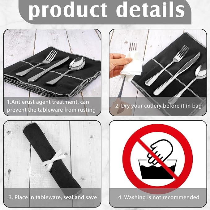 Hillban 18 Pcs Anti Tarnish Silver Storage Bags Silver Storage Cloth Felt Flatware Organizer Anti Tarnish Protector Bags Place Setting Roll with White Ribbon for Kitchen Cutlery (12 Slots,Black)