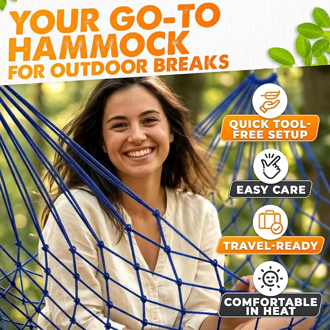 Mesh Hammock - Loop & Lounge Between Two Trees, Rope Hammocks for Outside Camping - No Stand Needed, 220 lb Capacity, Lightweight 13 oz Nylon Net Bed for Backyard Garden Patio Beach Travel, Blue