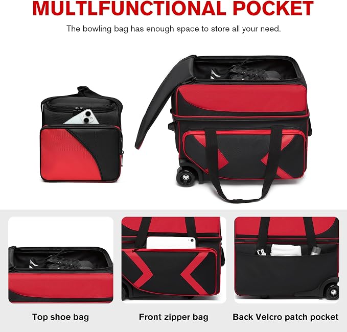 3 Ball Bowling Bags with Wheels and Shoes Compartment, Roller with Multipocket, 2 Ball Bowling Roller Bag + 1 Ball Color Matching Add On Tote (Red-Black)