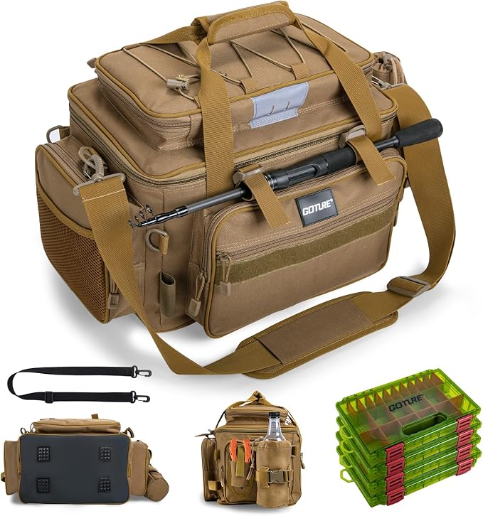 Goture Fishing Tackle Bag with 4PCS 3600 Tackle Boxes | 600D Water-Resistant, Rod Straps, Detachable Bottle Pouch,Waterproof Bottom, Freshwater & Saltwater Gear Storage Fishing Bag
