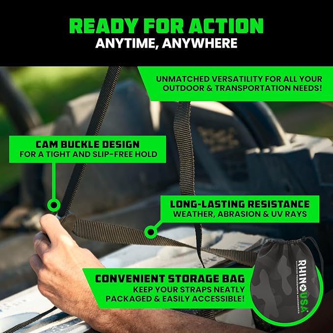 Rhino USA Lashing Straps (4-Pack), Heavy Duty Cam Buckle Tie Down Straps, 1in x 12ft Pull Straps, 1320lb Break Strength, Roof Rack Straps for Kayak, Cooler, Cargo