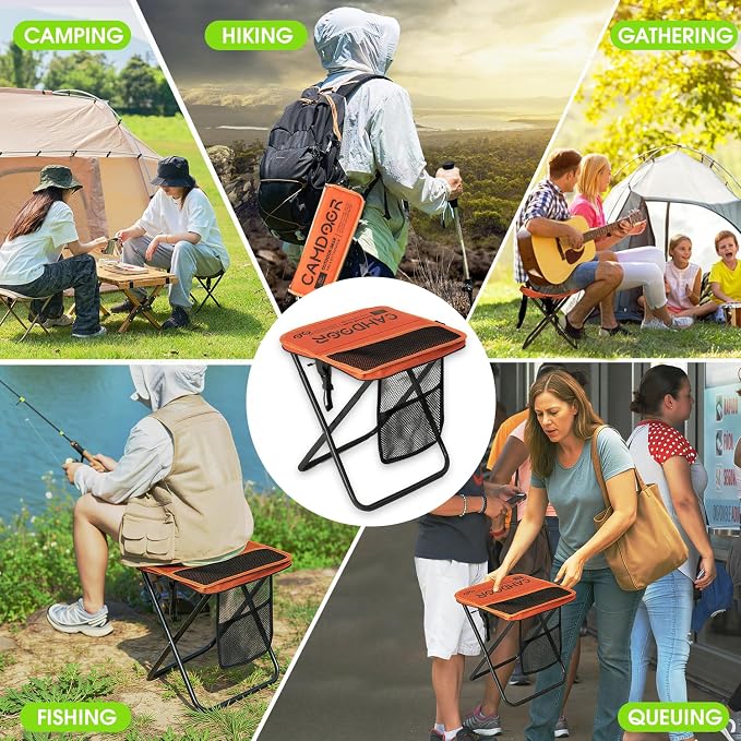 CAMDOOR Portable Collapsible Stool, 16″Folding Stool with 3 Side Pockets and Shoulder Strap, Extra Large Camping Chair Supports 400 lbs, Ultralight Portable Seat for Outdoor, Hiking, Fishing