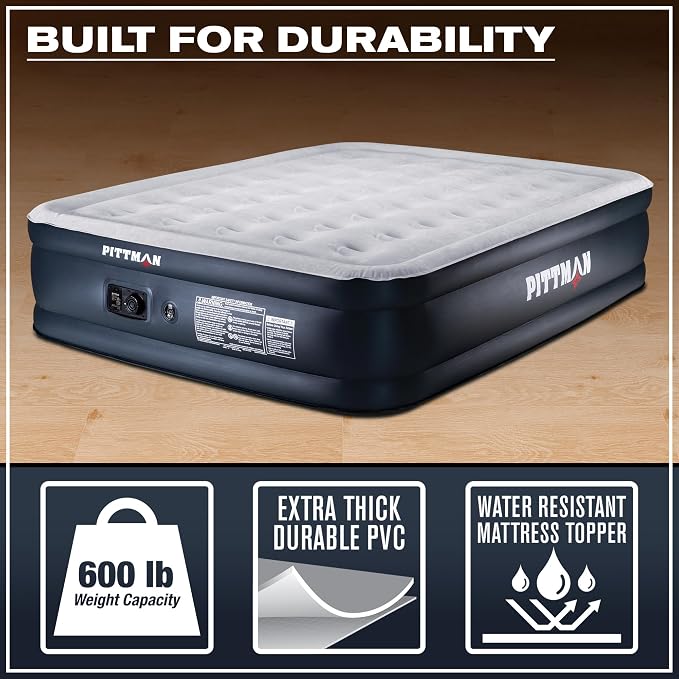 Pittman Outdoors Queen Air Mattress – 18” Black Double High, Queen Air Mattress with Built in Pump, 600lb Capacity, Portable Inflatable Bed with Carry Bag, Blow Up Mattress for Guests, Home & Travel