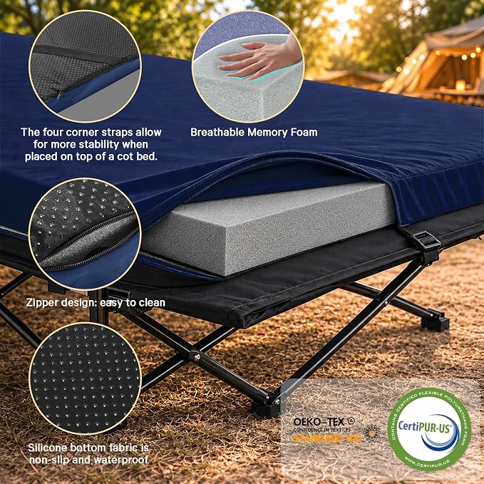 CYMULA Camping Cot Pad 2 Inch Memory Foam, Camping Pad for Folding Cot and Foldable Cot, Portable Roll Up Camp Gear for Car Camping Travel Tent, Non-Slip Waterproof Bottom, Removable Cover, Pad Only