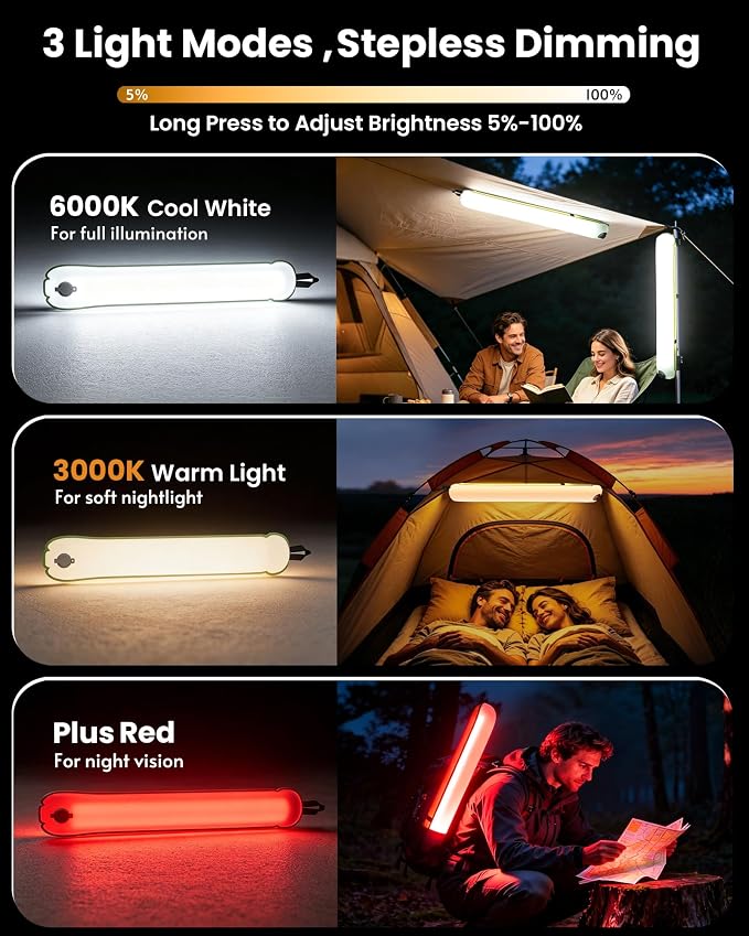 2 Pack 24" Inflatable Solar Camping Lantern, Magnetic LED Tube Light with USB-C 4000mAh Phone Charger,IP66 Waterproof TPU Tent Light for Hurricane Emergency, Backpacking & Off-Grid Survival
