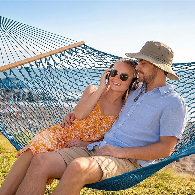 SUNCREAT Rope Hammock with Spreader Bar, Carrying Bag, 450 lbs Capacity, Two Person Hammock with Tree Hooks, Blue