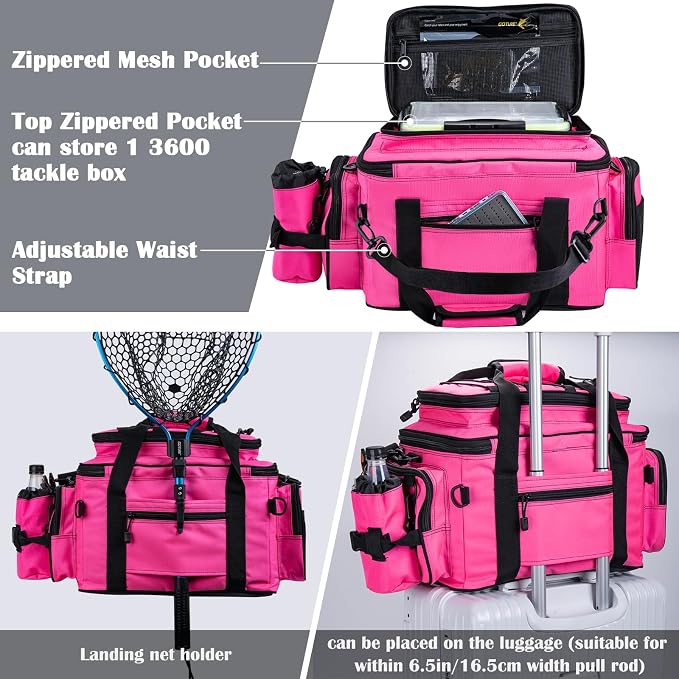 Goture Fishing Tackle Bag with 4PCS 3600 Tackle Boxes | 600D Water-Resistant, Rod Straps, Detachable Bottle Pouch,Waterproof Bottom, Freshwater & Saltwater Gear Storage Fishing Bag