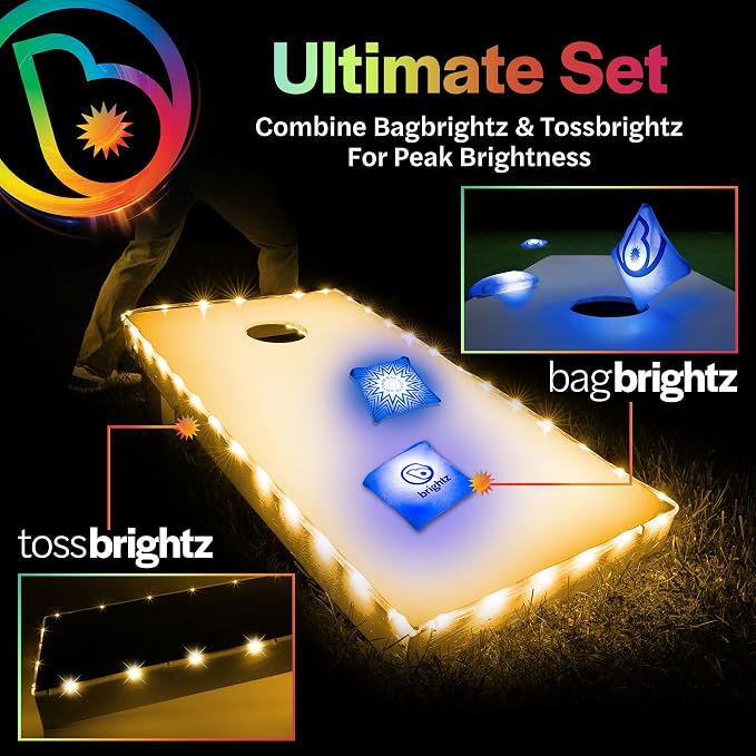 Brightz Cornhole Board Edge Lights with LED Bags - Includes 4-Pack of LED Cornhole Bags + TossBrightz Cornhole Board Edge Lights - The Ultimate Night Time Cornhole Master Set