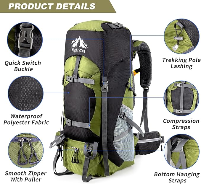 Night Cat Hiking Backpacks 90L Camping Backpacking Packs for Men Women Lightweight Outdoor for Mountaineering Traveling, No Internal Frame