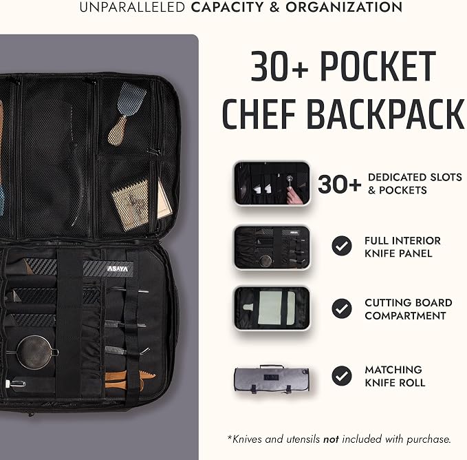 Asaya Chef Knife Backpack with 20-Pocket Knife Roll Bag - Over 30 Storage Pockets Chef Bag, Professional Backpack for Chefs and Culinary Students – Knives Not Included (Grey)