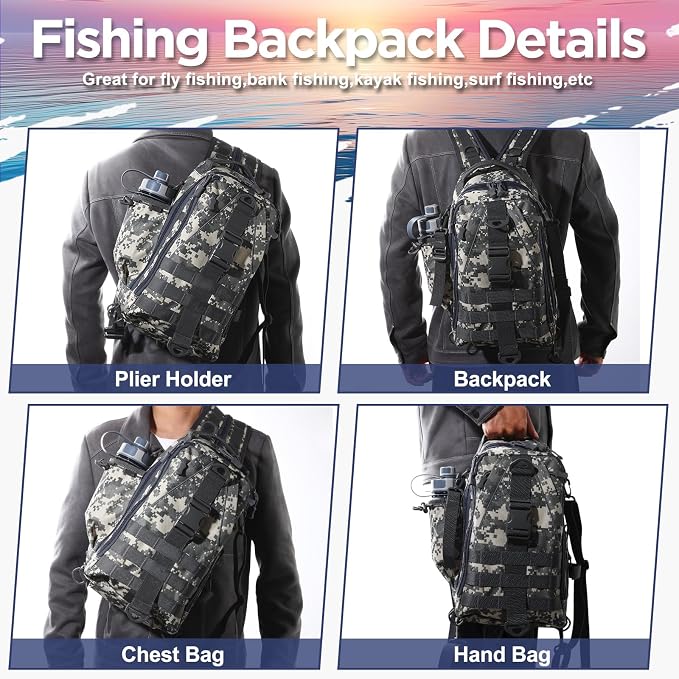 RoundFunny 85 Pcs Fishing Backpack with Tackle Boxes, Tackle Sling Bag with Rod Holder, Fish Lures and Pliers, Fish Tools Gears & Equipment Father's Day Fishing Gift for Dad Men