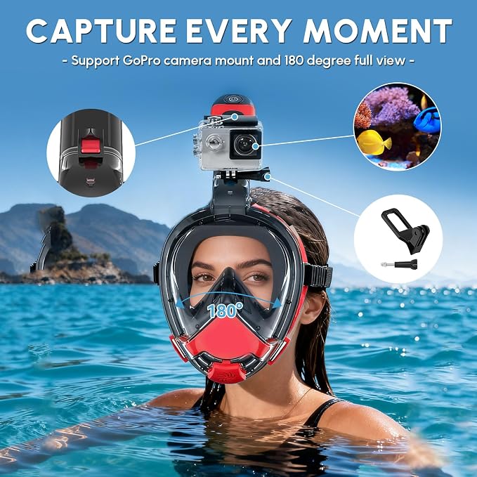 Yosmer Electric Full Face Snorkel Mask for Adults, Fan-Assisted Snorkeling Mask with Dry Top System, 180° Panoramic View, Anti-Fog Design, Foldable Travel Snorkel Gear