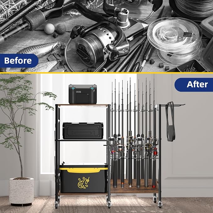 Fishing Rod Holders, Fishing Pole Holders, Fishing Gear Tackle Cart, Fishing Equipment Organizers for Garage, Fits Most Rods of 1.57" (40mm) Diameter, hold up to 12 Rods or Combos