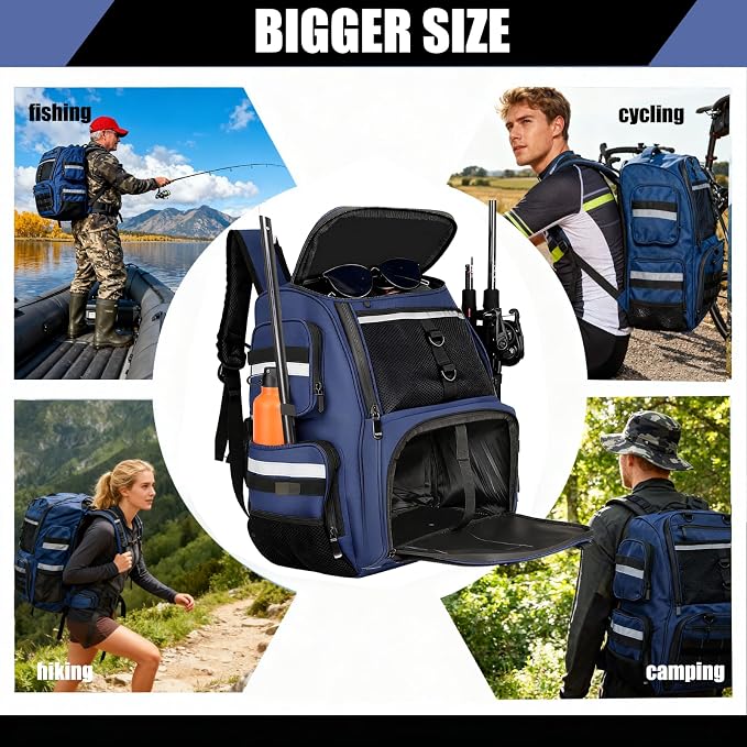 45L Fishing Tackle Backpack with Rod Holders, Waterproof Large Fishing Back Pack Storage Bags & Wraps Gear And Equipment for Men for Camping Hiking, Bottle Holder