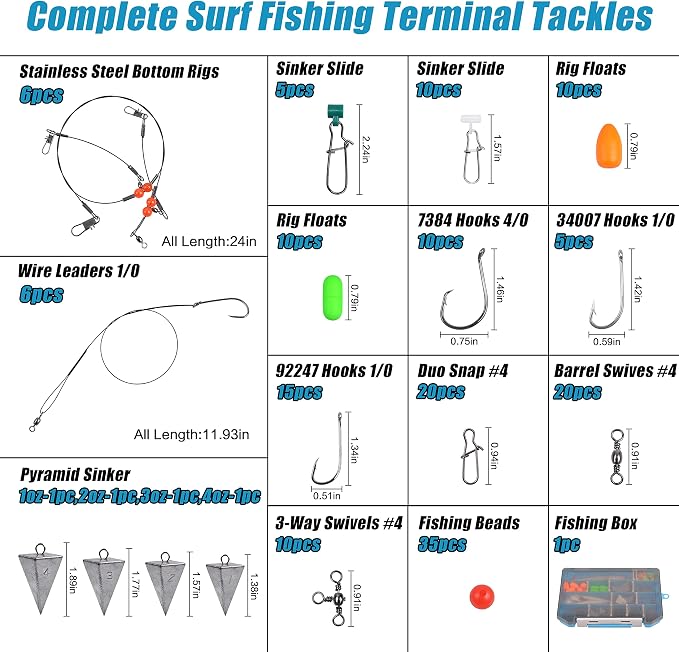 Surf Fishing Tackle Kit, 173pcs Saltwater Fishing Gear with Pyramid Sinkers Fish Finder Rigs High-Low Rigs Pompano Rigs Wire Leaders Hooks Bucktail Jig Lures for Striper Flounder Catfish
