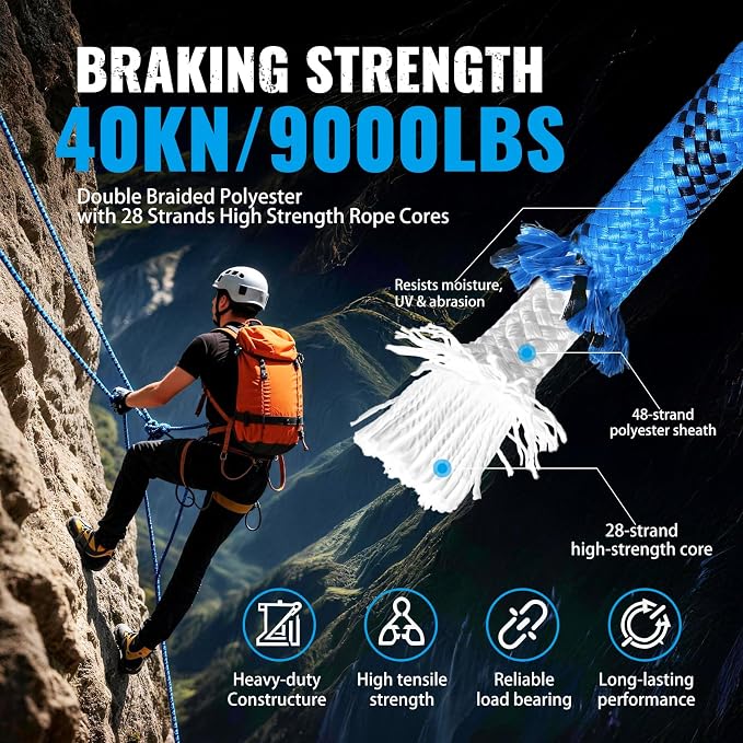 1/2Inch Arborist Rope 150Ft - 9000lbs Heavy Duty Nylon Rope Rappelling Rope, Double Braided Arborist Bull Rope for Tree Work, Hiking, Rigging, Pulling, Swing, Caving, Sailing - Blue