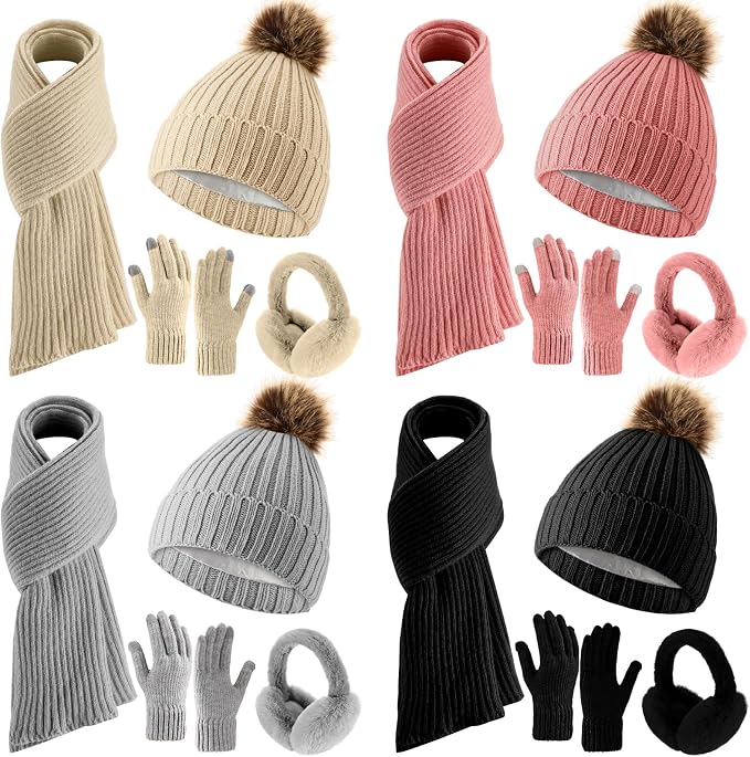 16 Pcs Women Hat Scarf Gloves Ear Muffs Set Winter Knitted Pom Beanie Hats Scarf Touch Screen Gloves for Men Adult Homeless