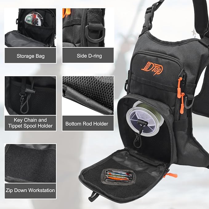 Fishing Chest Pack for Men, Lightweight Fishing Backpack, Fly Boxes Storage Bag (Black)