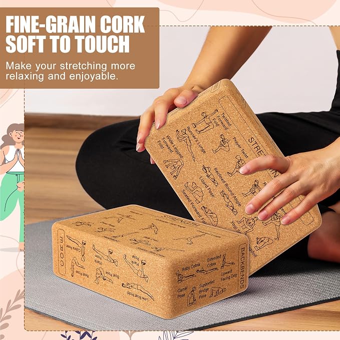 Halloscume Cork Yoga Blocks 2 Pack Yoga Poses Teaching Cork Blocks, Suitable Poses for Beginners and Experts High Density Block with Non Slip Surface for Better Support, Balance Comfort (Beige)