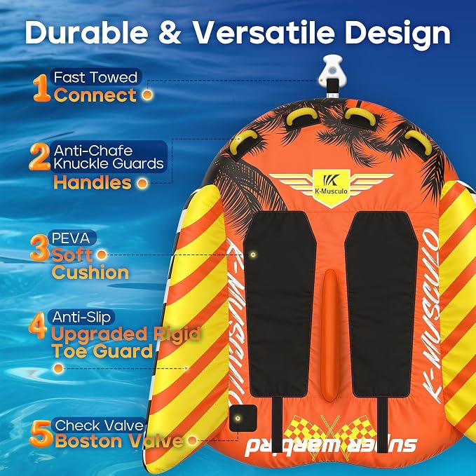 Towable Tubes for Boating - 2-3 Person Shark Battle Tank, Boat Tubes & Towables, EVA Foam Pads, Drainage, Super Safe Handle, Quick Connector