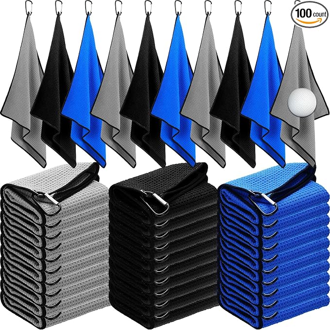 Batiyeer Golf Towels Bulk for Bags 16'' x 24'' Microfiber Waffle Pattern Golf Towels Trifold with Clip for Hiking,Tournament, Yoga