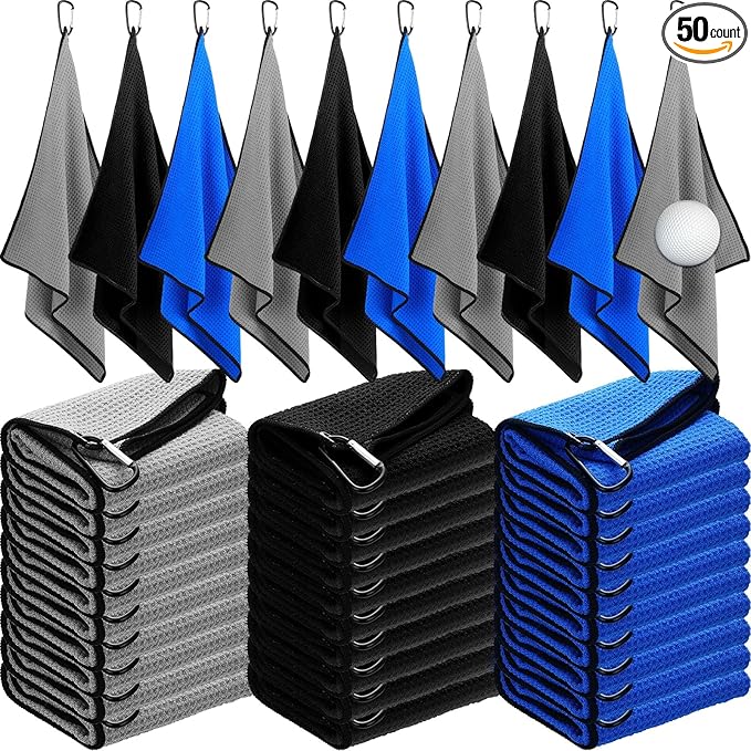 Batiyeer Golf Towels Bulk for Bags 16'' x 24'' Microfiber Waffle Pattern Golf Towels Trifold with Clip for Hiking,Tournament, Yoga