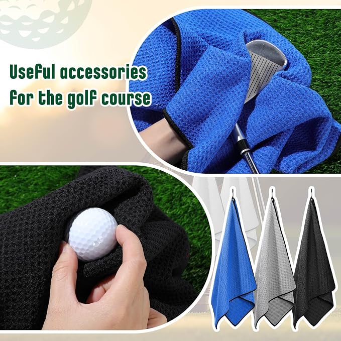 Batiyeer 3 Pack Caddy Golf Towels Summer Gifts Large Caddy Towel for Bags Waffle Pattern with Carabiner Clip Ultra-Absorbent Golfing Gear for Men(Black,Blue,Grey,18 x 40 Inch,Classic)