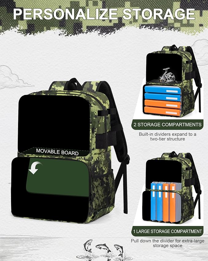 Fishing Backpack with Removable Bait Binder, Large Water Resistant Tackle Bag Storage Gear and Equipment for Fishing, Camping, Hiking, Green