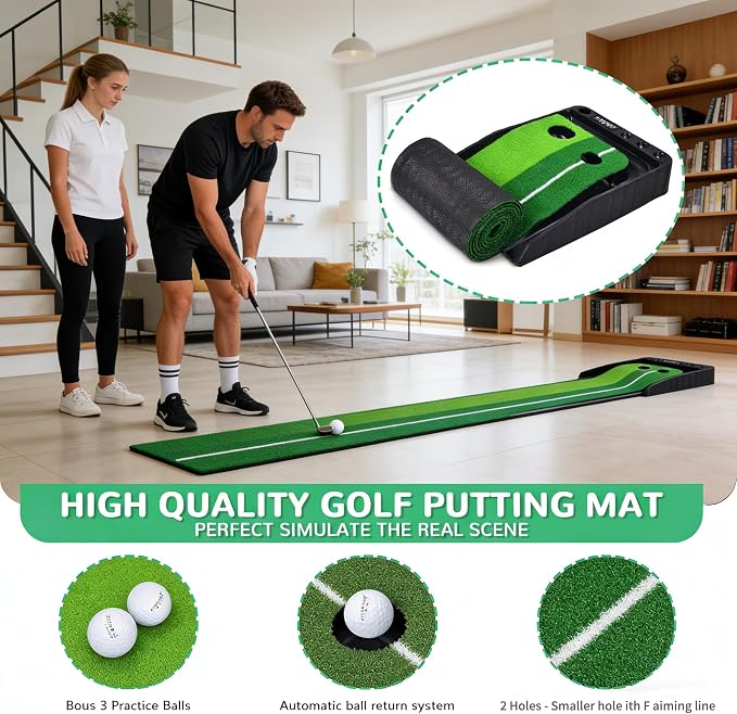 Putting Green IndoorIndoor,Golf Putting mat with an Automatic Ball Return System; Easy to Assemble and Comes with 3 Practice Balls—Perfect for use in Offices and Game Rooms—a Premium Gift for Clients