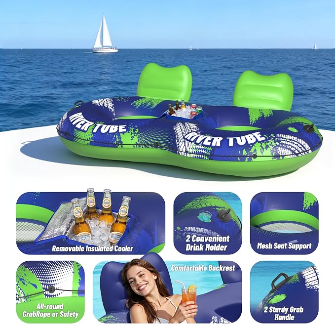 JOSEN Inflatable River Tube Float - 2 Person Heavy Duty River Float, Pool Floats Adult, Lake River Floats Water Tubes for Floating with Removable Cooler & Cupholders for Summer Relaxation
