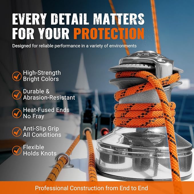 1/2Inch Arborist Rope 150Ft - 9000lbs Heavy Duty Nylon Rope Rappelling Rope, Double Braided Arborist Bull Rope for Tree Work, Hiking, Rigging, Pulling, Swing, Caving, Sailing - Orange