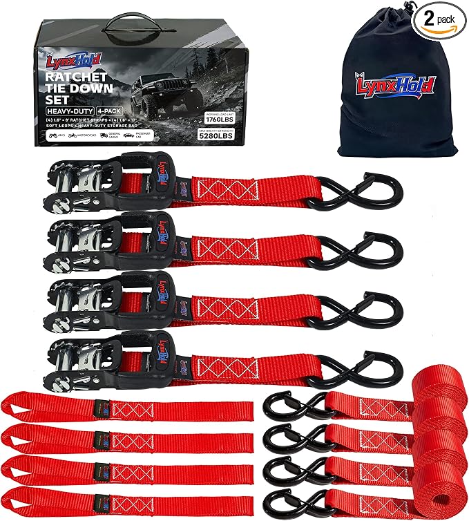 Ratchet Tie Down Straps, 5280lbs Break Strength, 1.6" x 8' Heavy Duty Ratchet Tie Down Strap Set with Padded Handles, Coated S Hook, Soft Loop for Trucks, ATV, UTV, Motorcycle, Cargo & More -Red