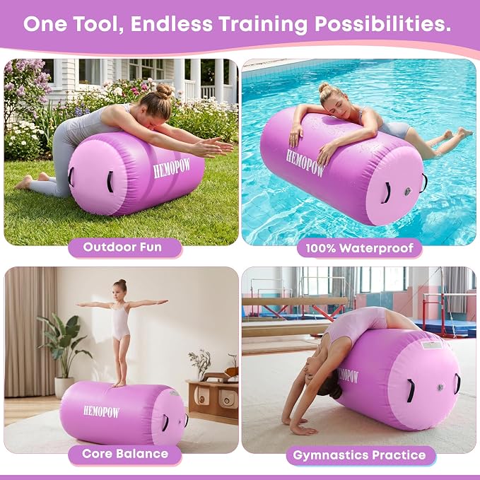 Inflatable Gymnastics Air Barrel Roller with Electric Pump, Heavy Duty PVC Tumbling Barrel Back Handspring Trainer, Air Tumble Track Mat for Home Gym, Cheerleading, Yoga Practice