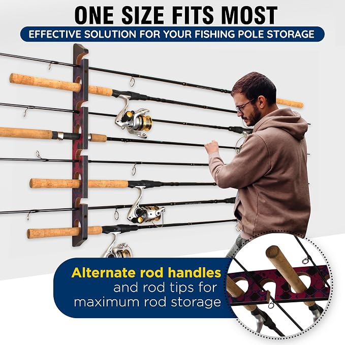 Rush Creek Creations Ceiling Rod Holder for 8 Fishing Poles - Garage Organization and Wall Storage for Reels, Gear, and Accessories - Horizontal Rack