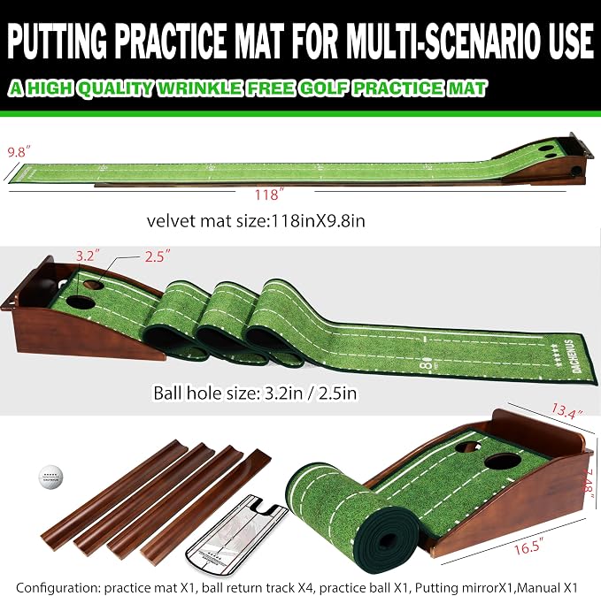 Dachenus Putting Green Indoor Mat Outdoor Golf Putting Mat with Automatic Ball Return - Ideal for Home, Office, and Outdoor Use
