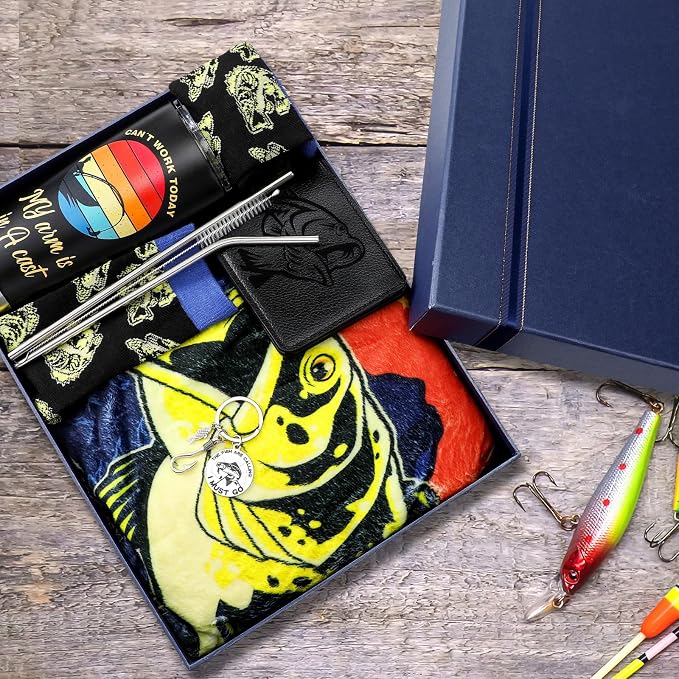 Hahafelt 5 Pcs Fishing Gifts for Men Sets Fishing Gifts Include Blanket 20 oz Stainless Steel Cup Socks Wallet Stainless Keychain for Who Love Fish Lover Dad Grandpa