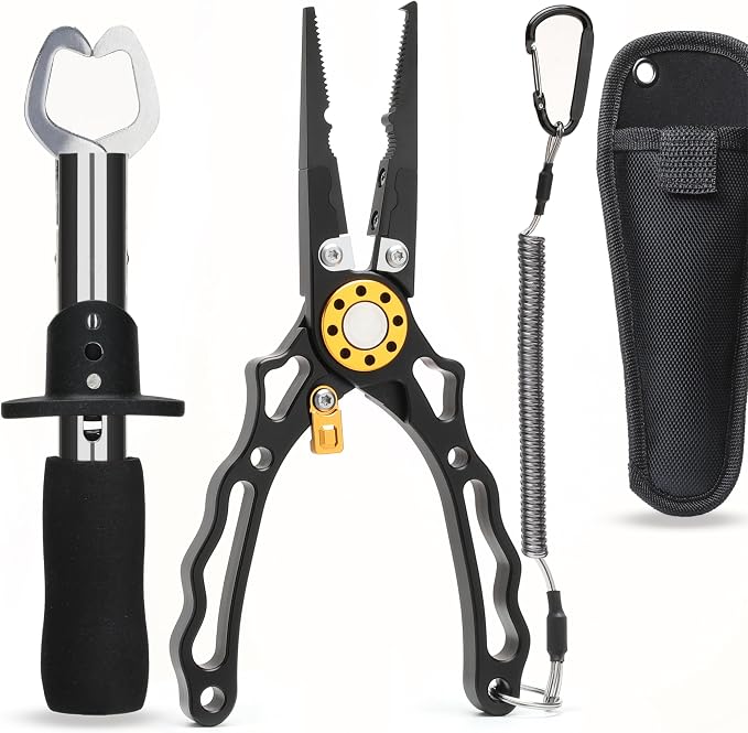 7.5 Inch Fishing Pliers and Gripper, Cuts Braided and Fluorocarbon Lines, Hook Remover, Split Ring Multifunctional Fishing Pliers for Ocean Fishing, Fly Fishing, Ice Fishing Tool, Gift for Fishermen